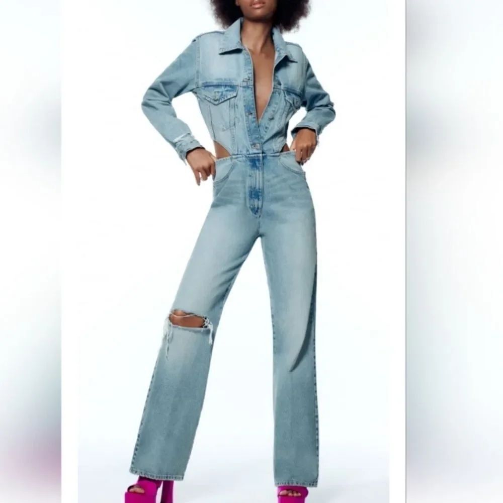 Zara Denim Jean Cut Out Long Sleeve Jumpsuit